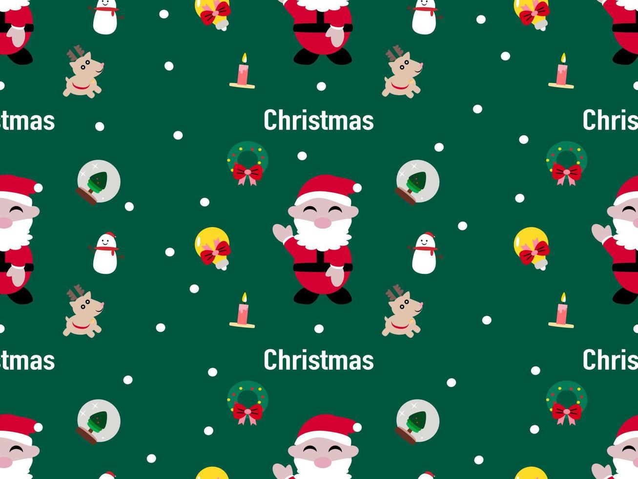 christmas seamless pattern on green background, santa claus, reindeer, snowman, christmas tree vector