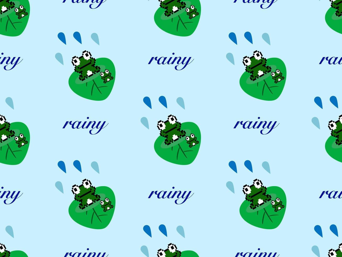 Frog cartoon character seamless pattern on blue background. Pixel style vector