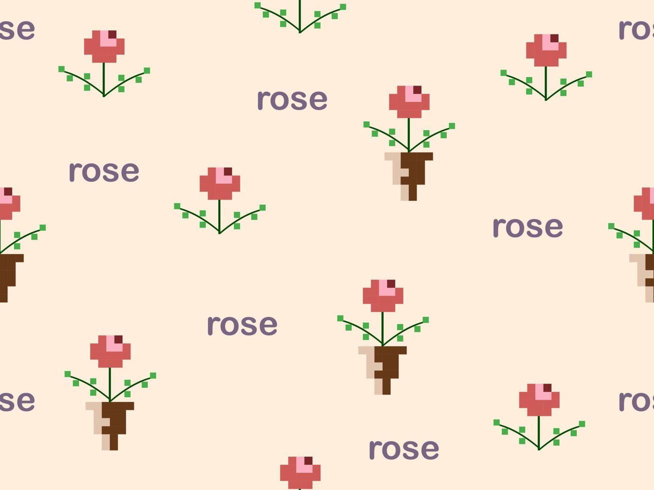 Rose cartoon character seamless pattern on orange background.Pixel style vector