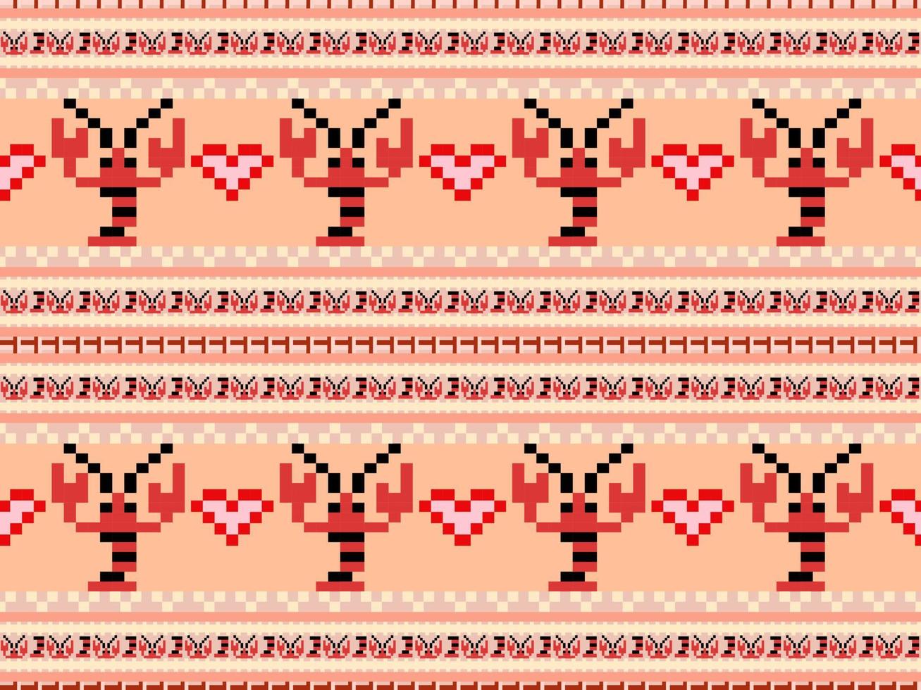 Lobster cartoon character seamless pattern on orange background.Pixel style vector
