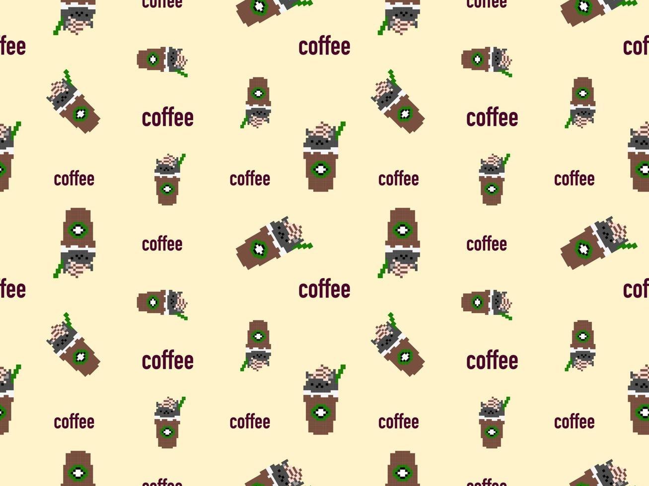 Coffee cartoon character seamless pattern on yellow background.Pixel style vector