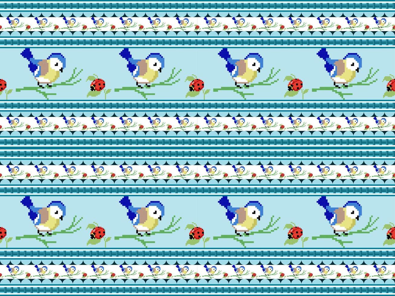 Bird cartoon character seamless pattern on blue background. Pixel style vector