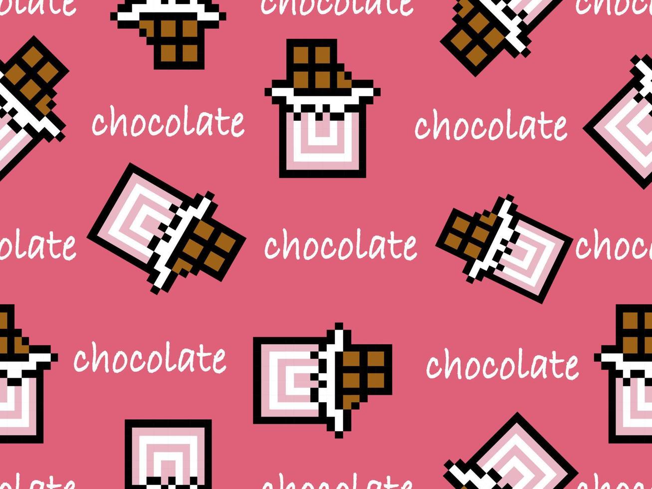 Chocolate cartoon character seamless pattern on pink background.Pixel style vector