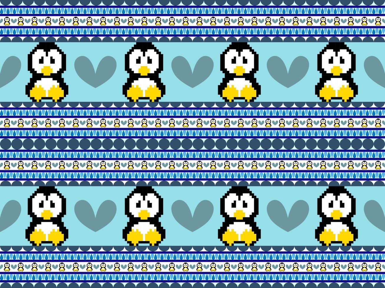 penguin cartoon character seamless pattern on blue background. Pixel style vector