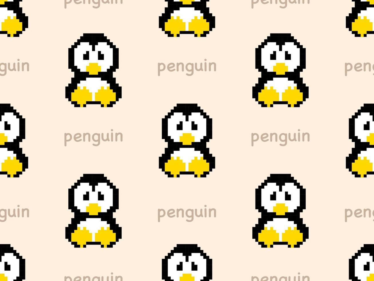 penguin cartoon character seamless pattern on cream background. Pixel style vector