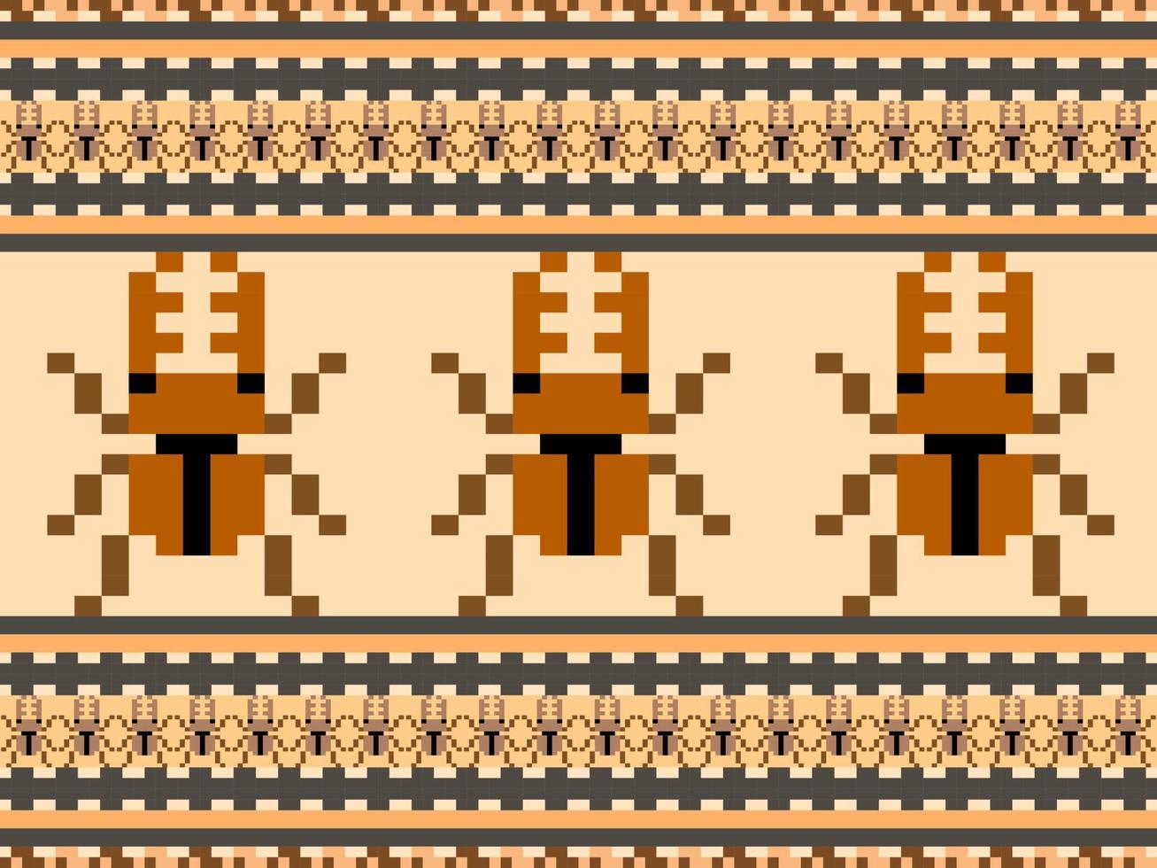 Beetle cartoon character seamless pattern on brown background.Pixel style vector
