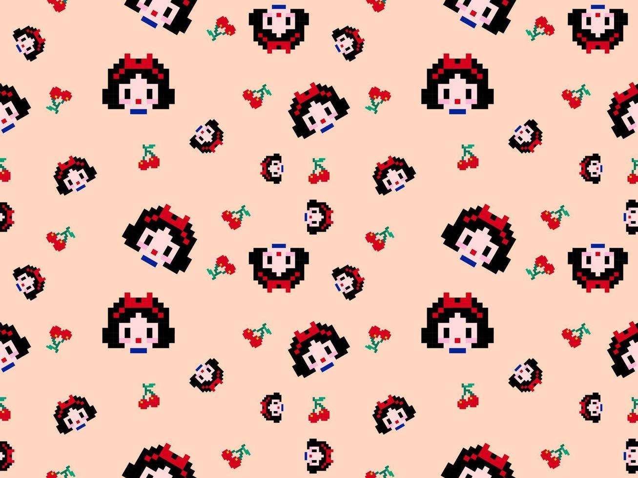 Girl cartoon character seamless pattern on orange background.Pixel style vector