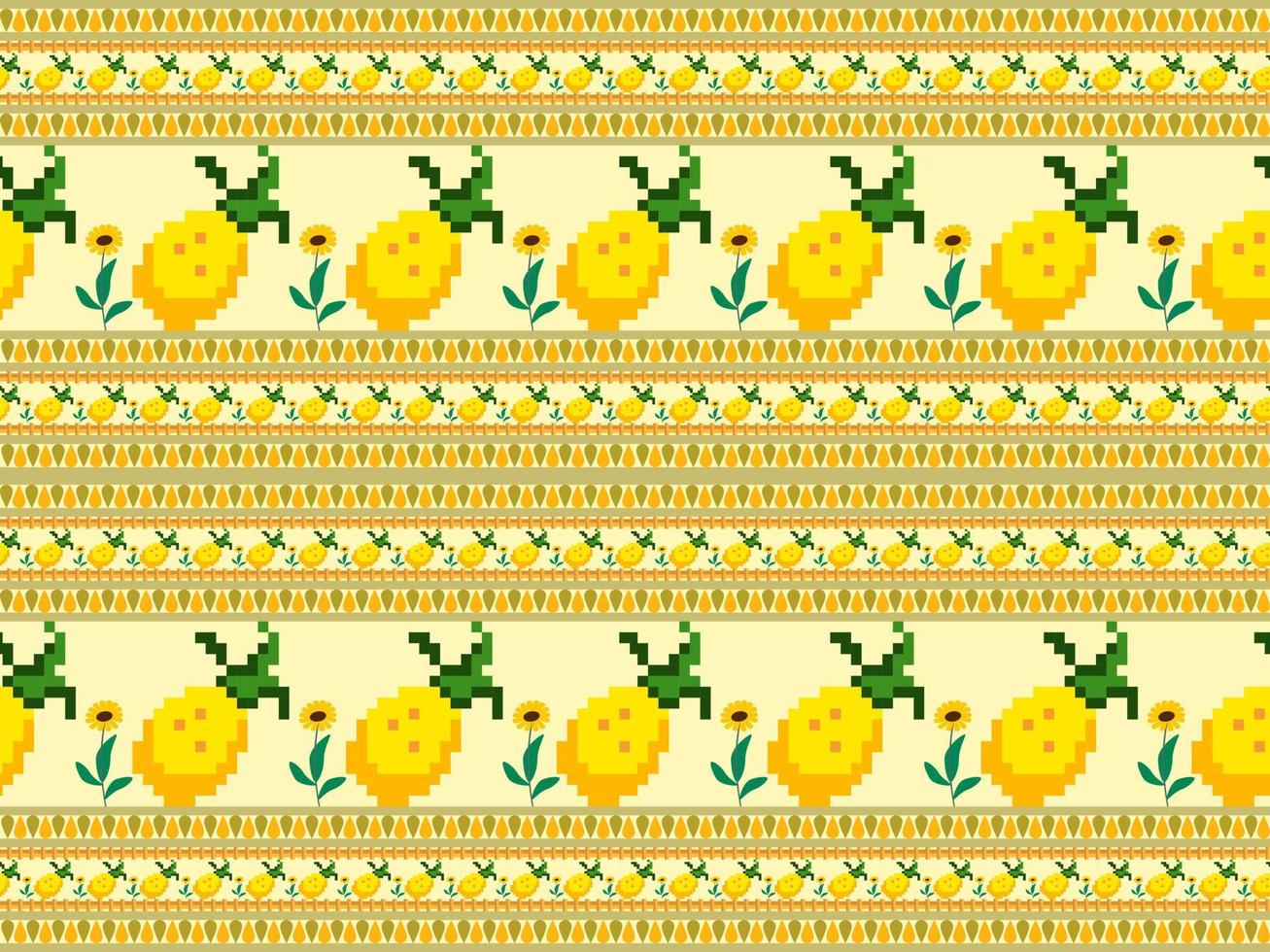 Pineapple cartoon character seamless pattern on yellow background. Pixel style vector