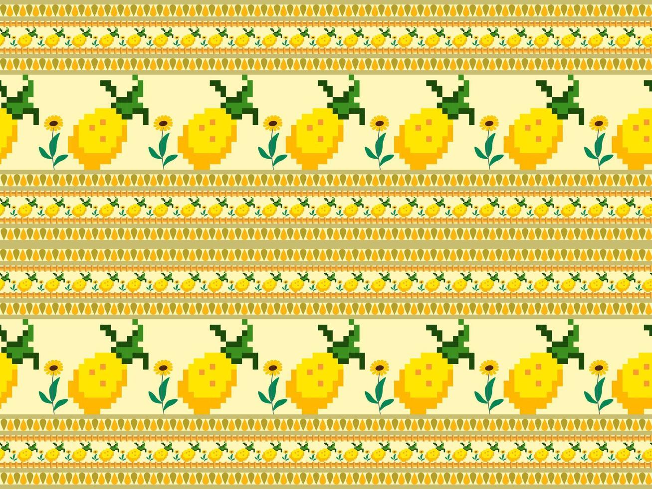 Pineapple cartoon character seamless pattern on yellow background. Pixel style vector