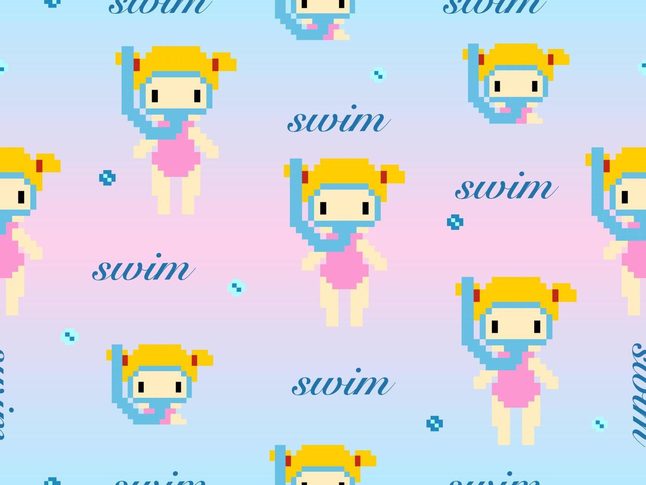 Diver cartoon character seamless pattern on blue and pink background.Pixel style vector