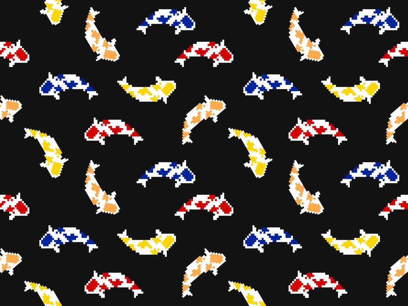 Carp cartoon character seamless pattern on black background.Pixel style vector