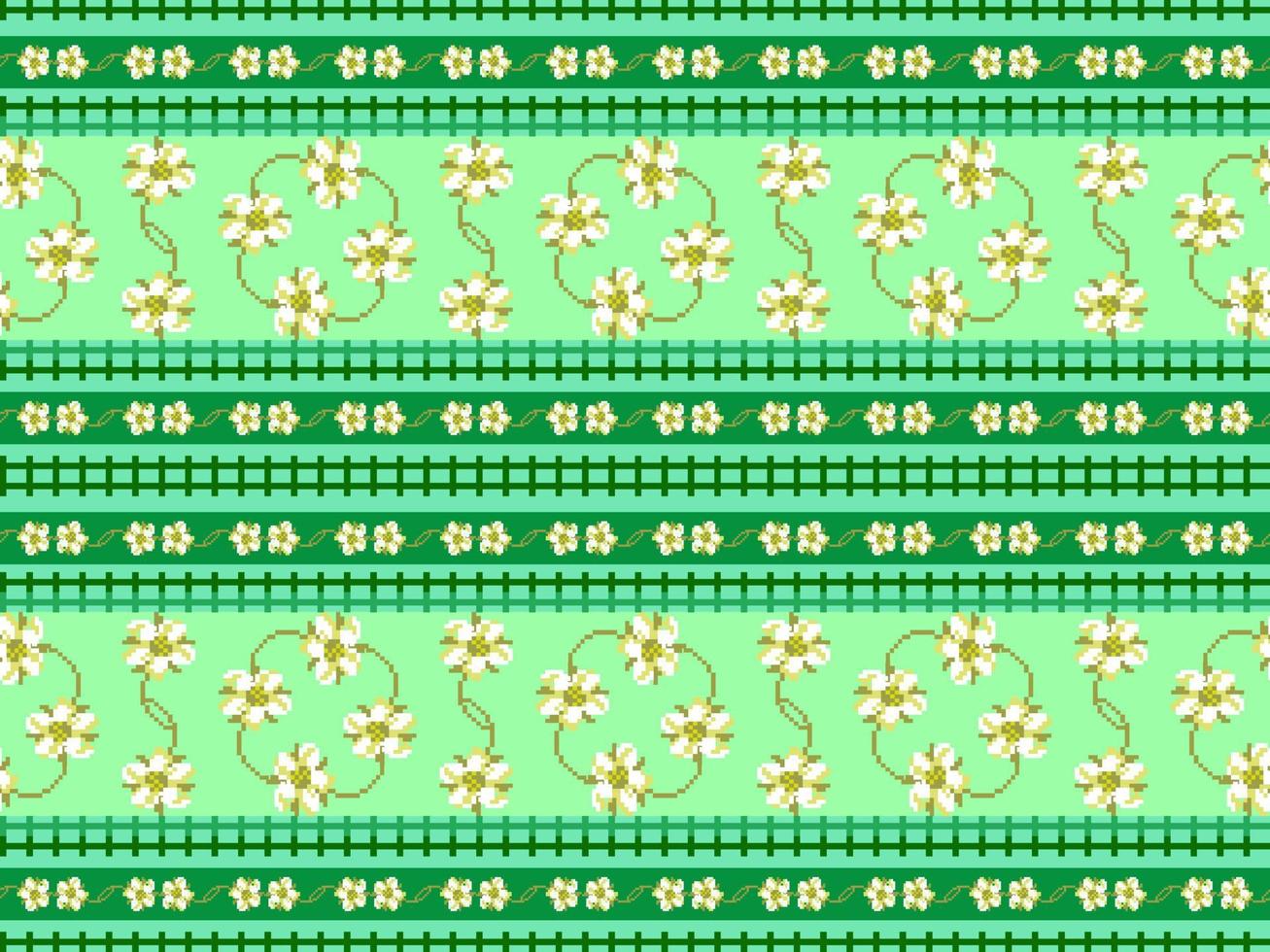 Flower cartoon character seamless pattern on green background.Pixel style vector