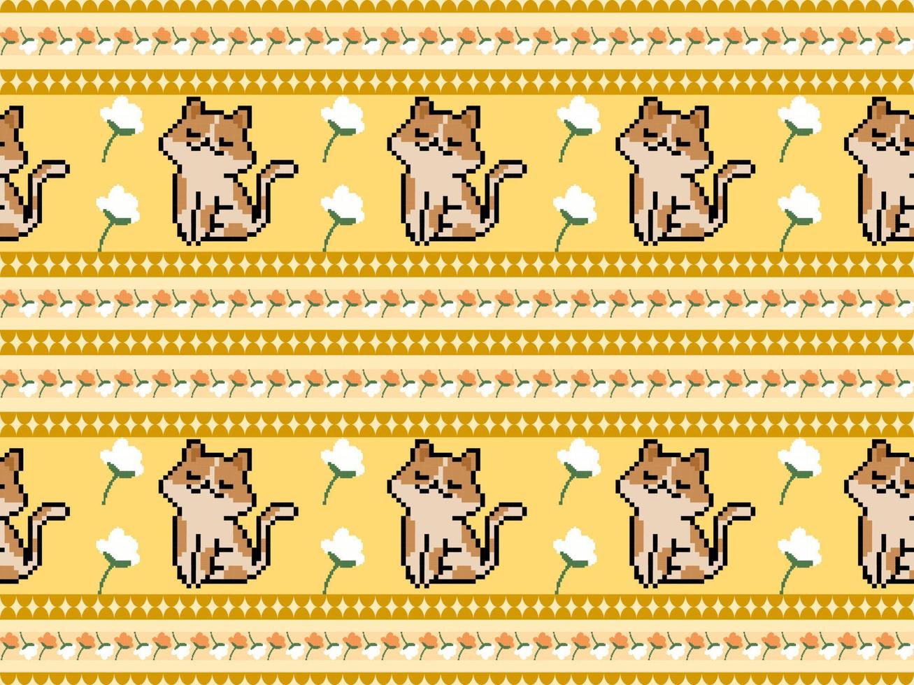 Cat cartoon character seamless pattern on yellow background.Pixel style vector