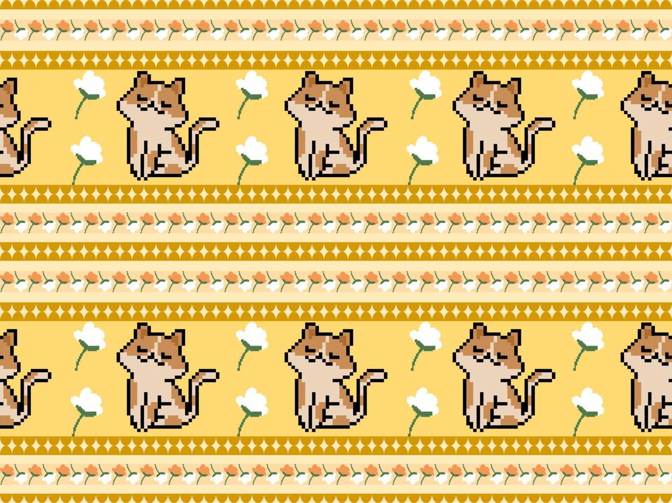 Cat cartoon character seamless pattern on yellow background.Pixel style vector