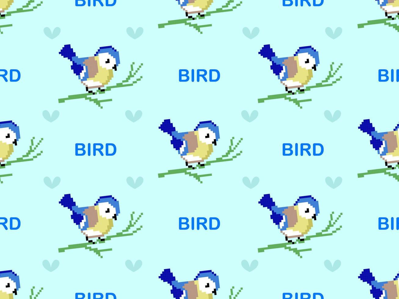 Bird cartoon character seamless pattern on blue background. Pixel style vector