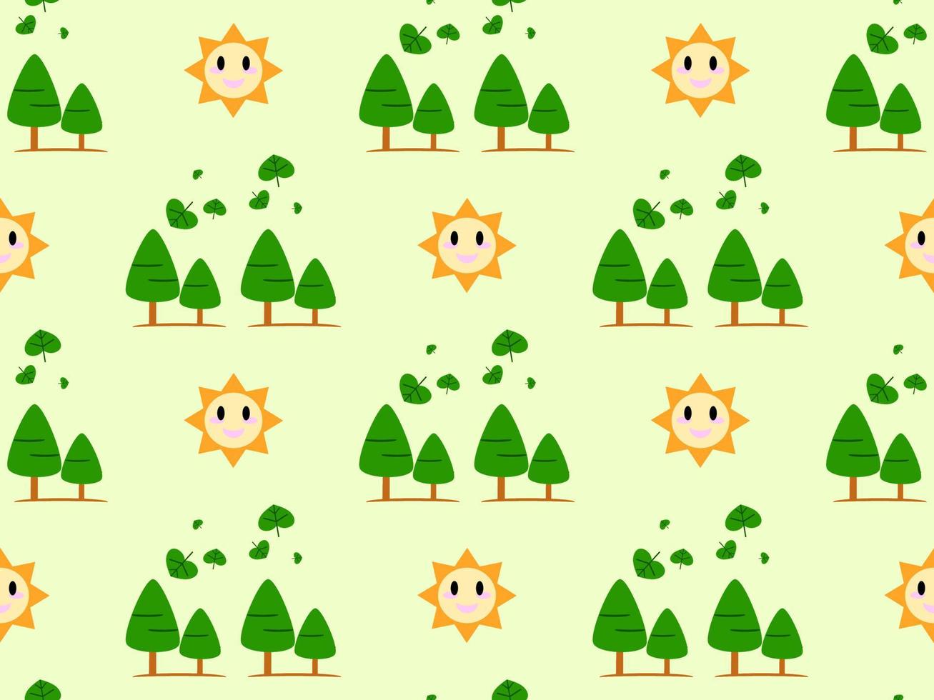 sun and tree cartoon character seamless pattern on green background vector
