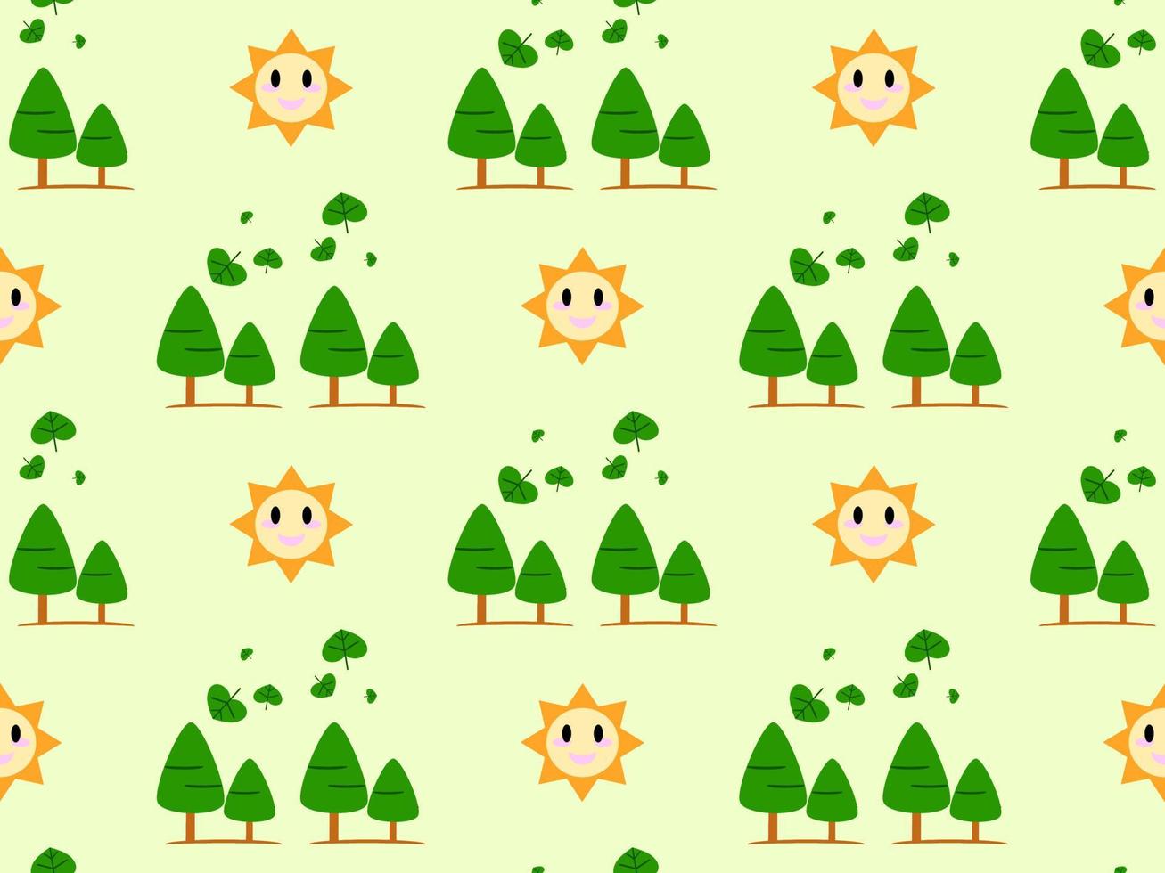 sun and tree cartoon character seamless pattern on green background vector