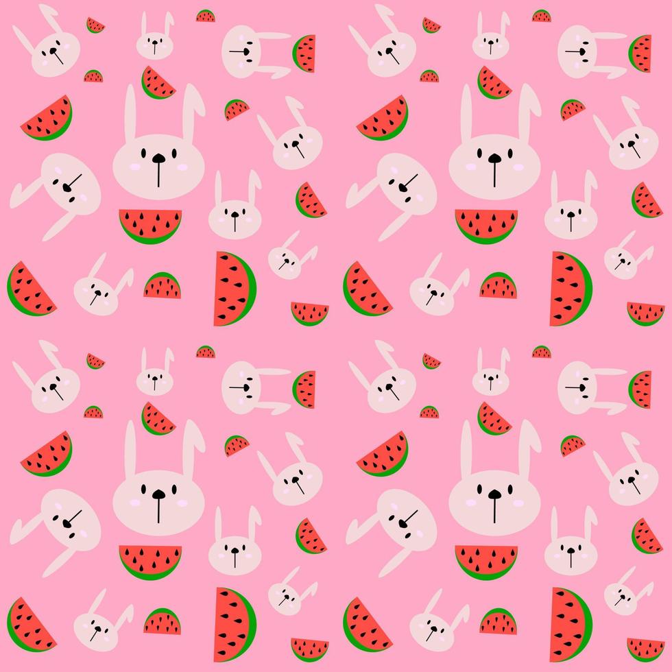 Rabbit and watermelon cartoon character pattern on pink background. vector
