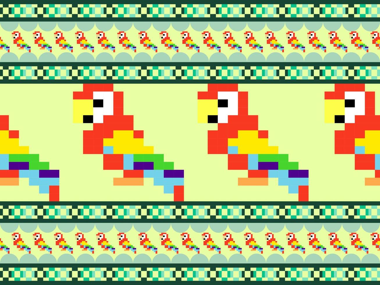 Parrot cartoon character seamless pattern on green background.Pixel style vector