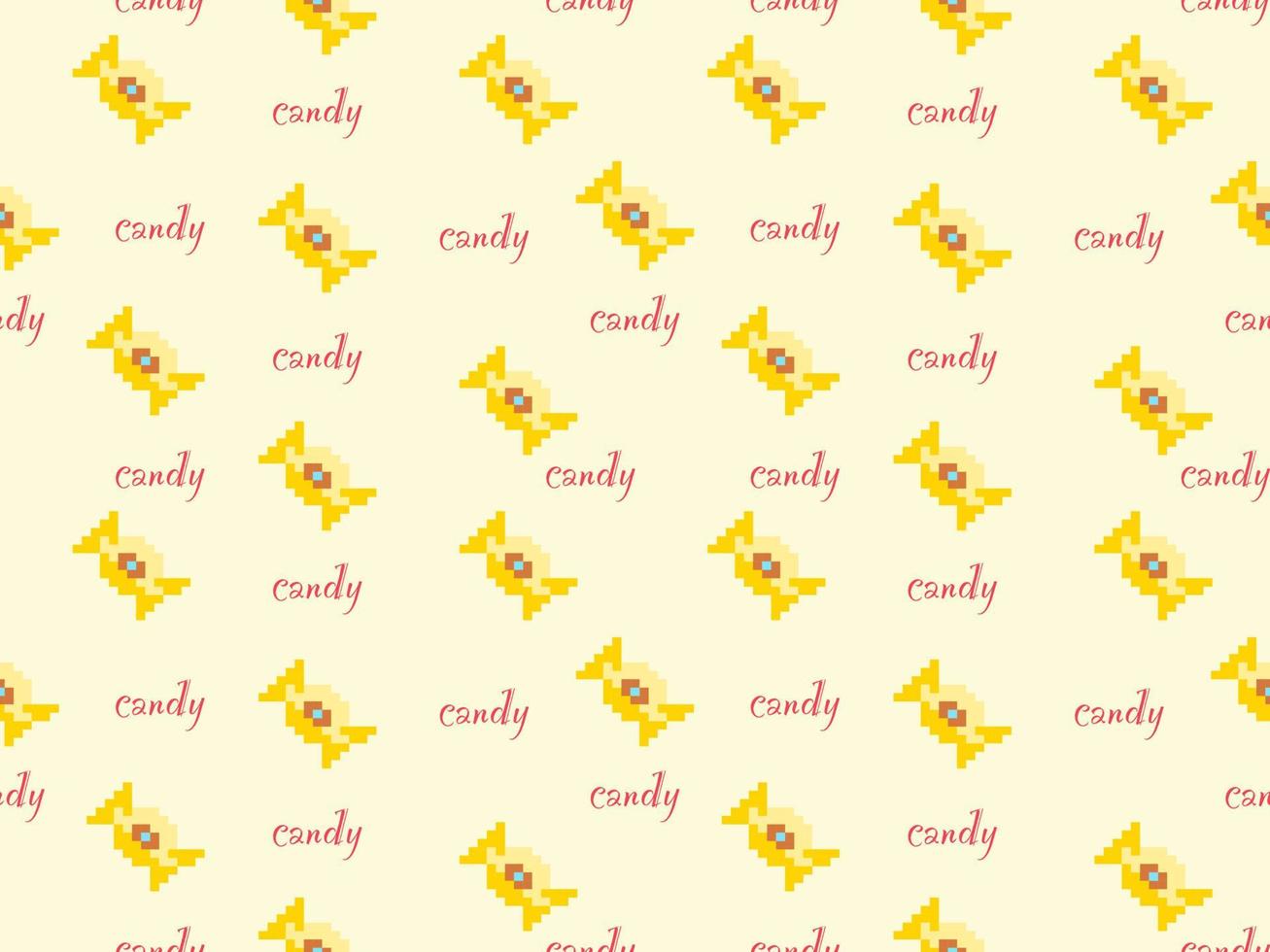 Candy cartoon character seamless pattern on yellow background.Pixel style vector