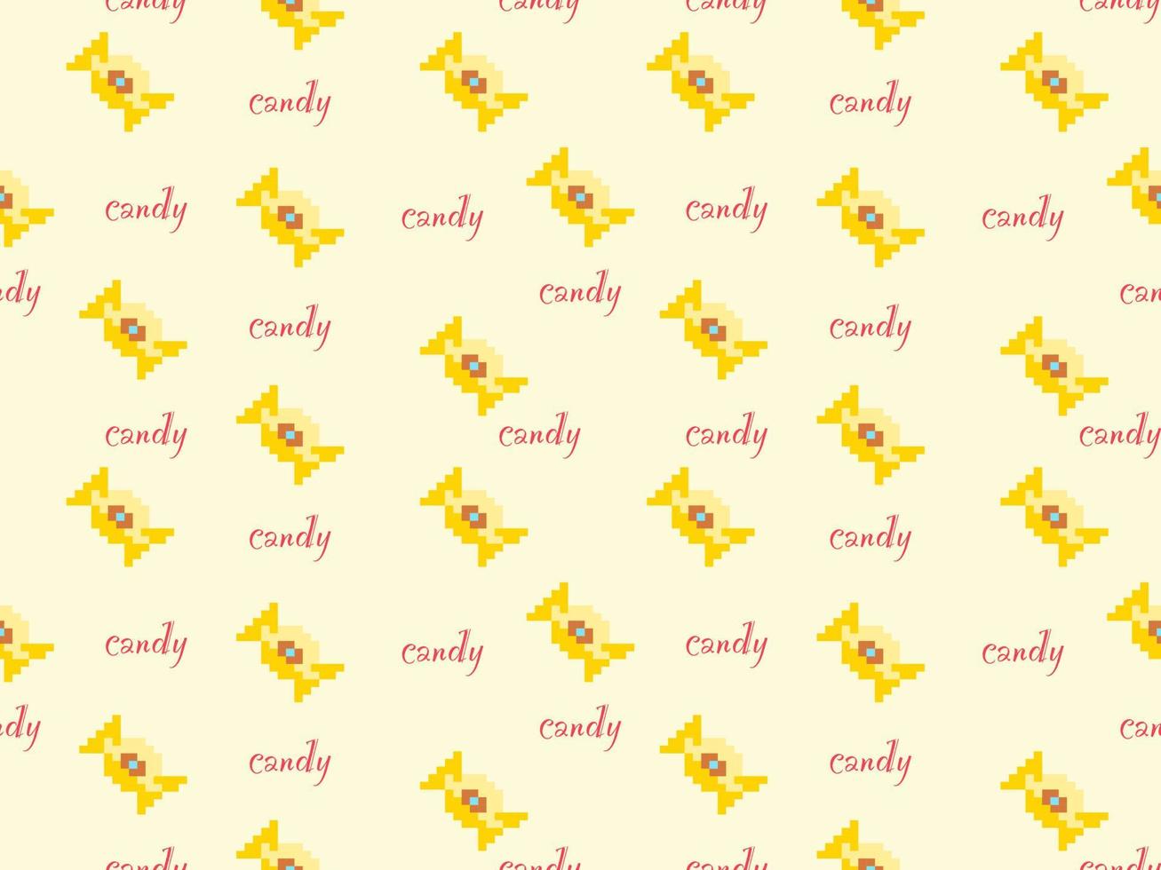 Candy cartoon character seamless pattern on yellow background.Pixel style vector