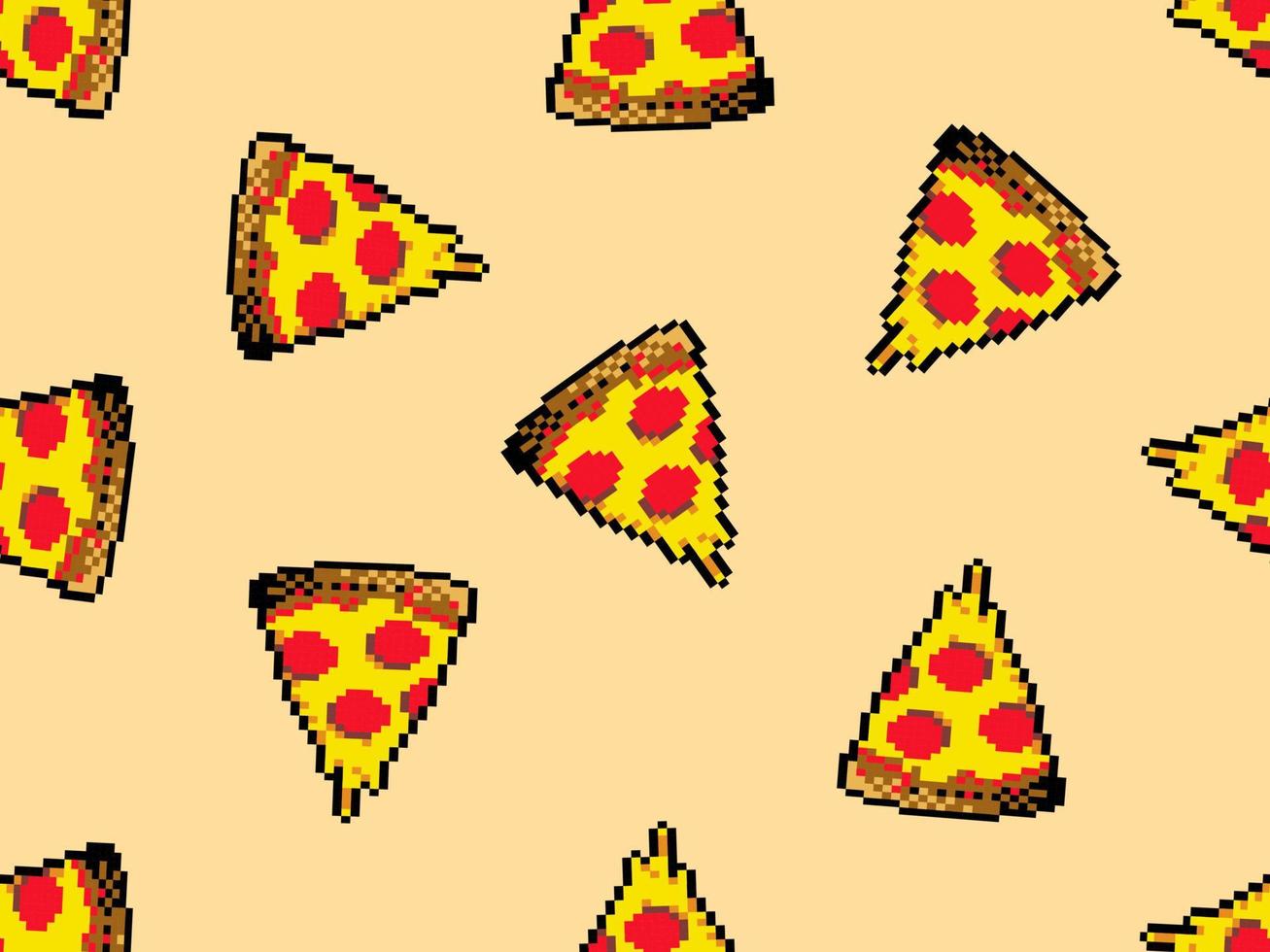 Pizza cartoon character seamless pattern on orange background.Pixel style vector