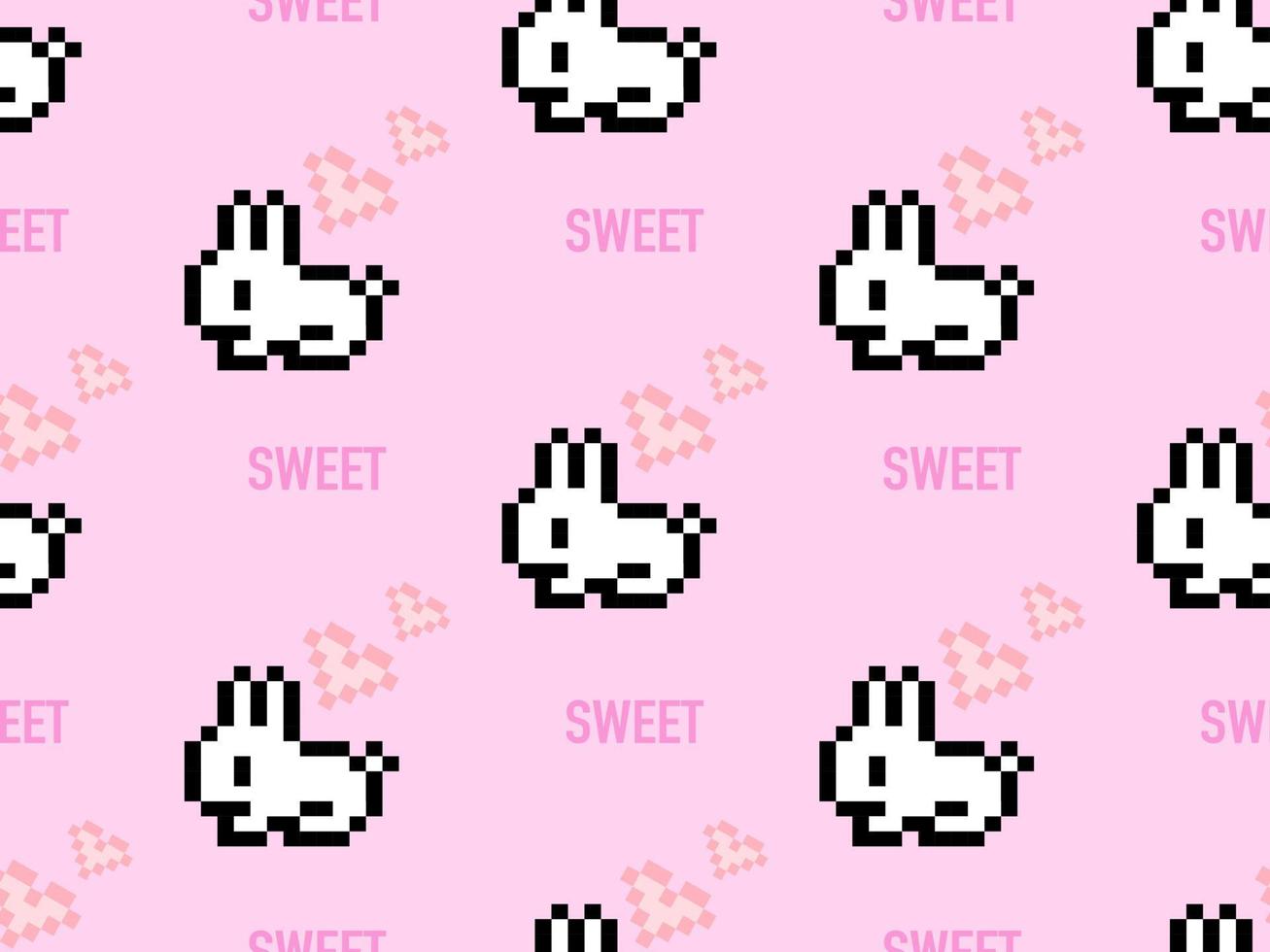 Rabbit cartoon character seamless pattern on pink background. Pixel style vector