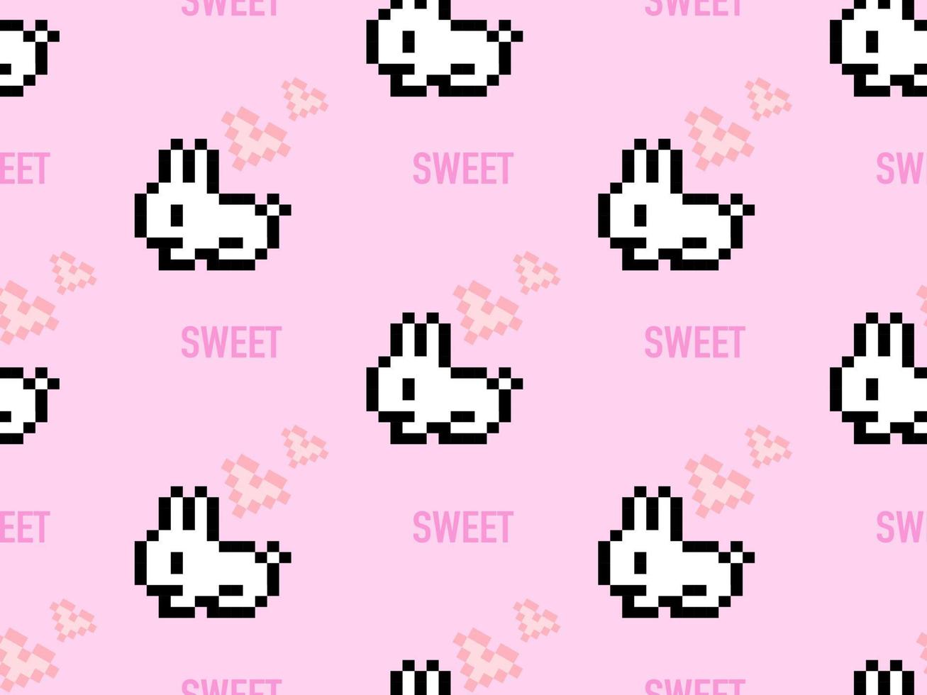 Rabbit cartoon character seamless pattern on pink background. Pixel style vector