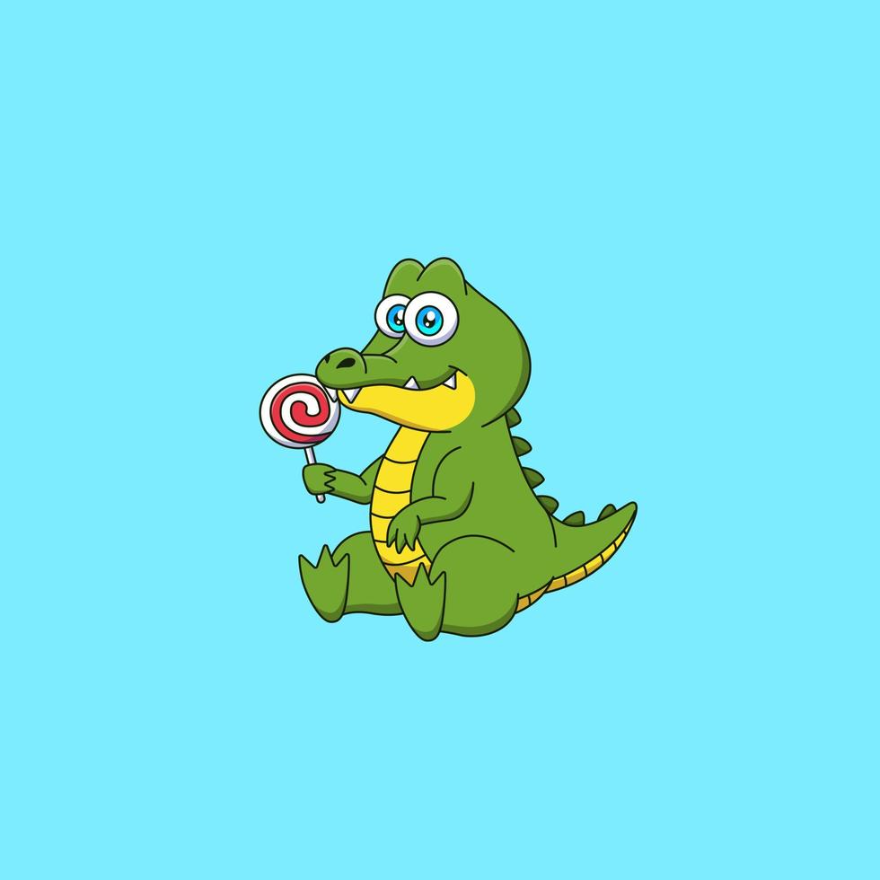 Cartoon cute crocodile sitting and holding a lollipop. Vector illustration