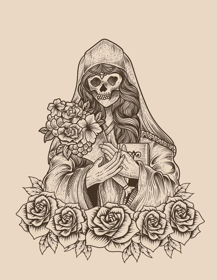 illustration sugar woman skull with engraving style vector