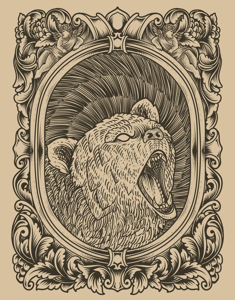 illustration vintage grizzly bear with engraving style vector