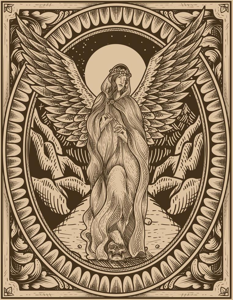 ilustración, vendimia, ángel, con, grabado, ornamento, estilo vector