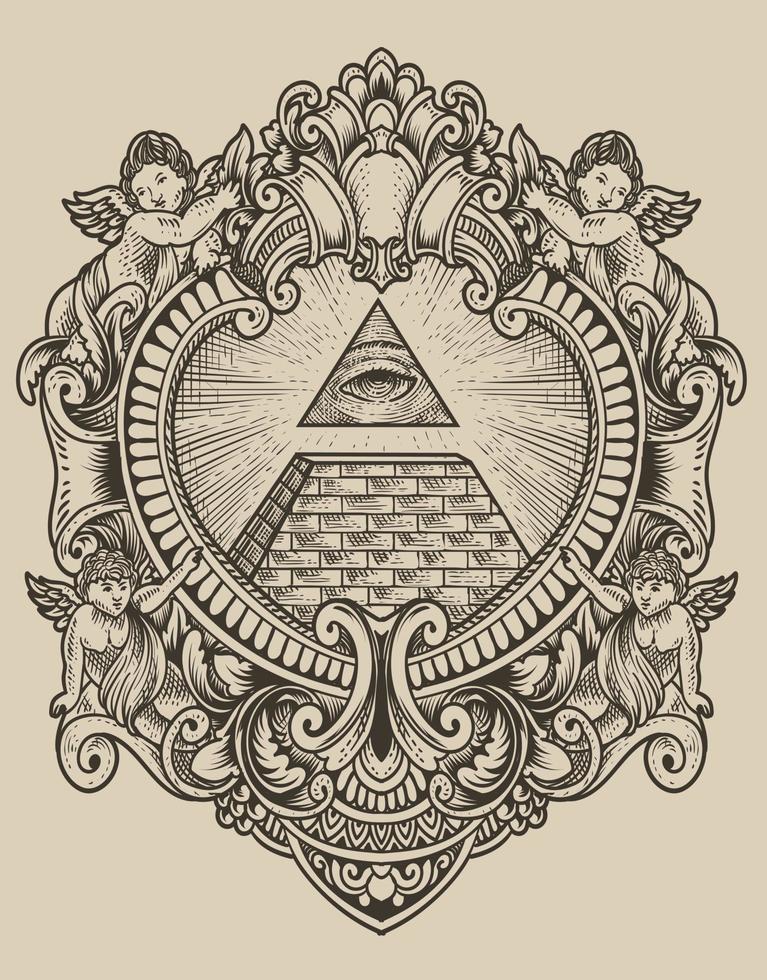 Ilustración de la pirámide illuminati con estilo de grabado vector