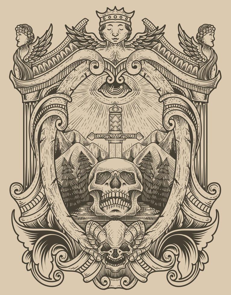 illustration antique skull sword with dark eyes engraving style vector