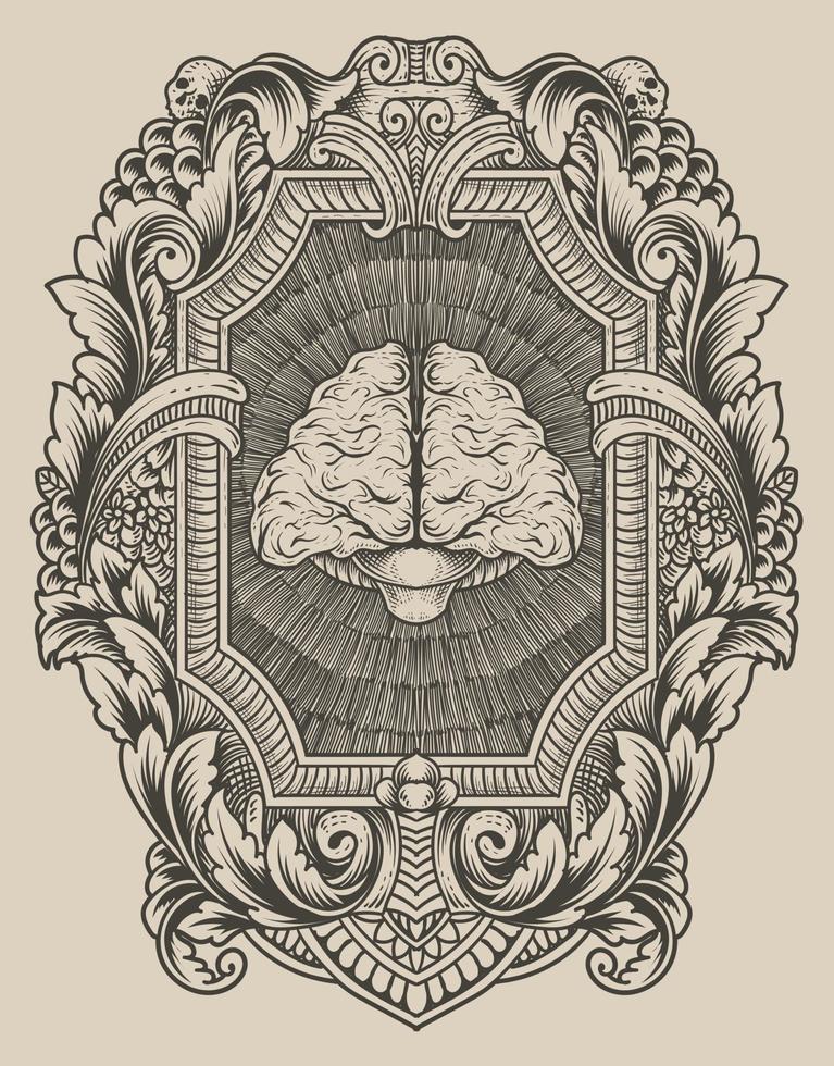 illustration antique brain with engraving style vector