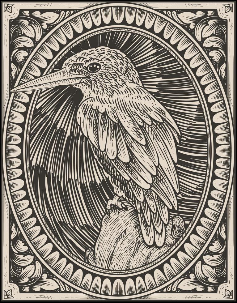 illustration vintage beautiful bird with engraving style vector