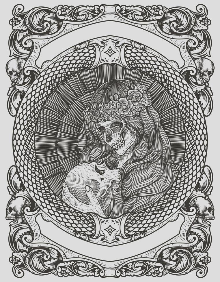 illustration sugar skull woman with engraving style vector