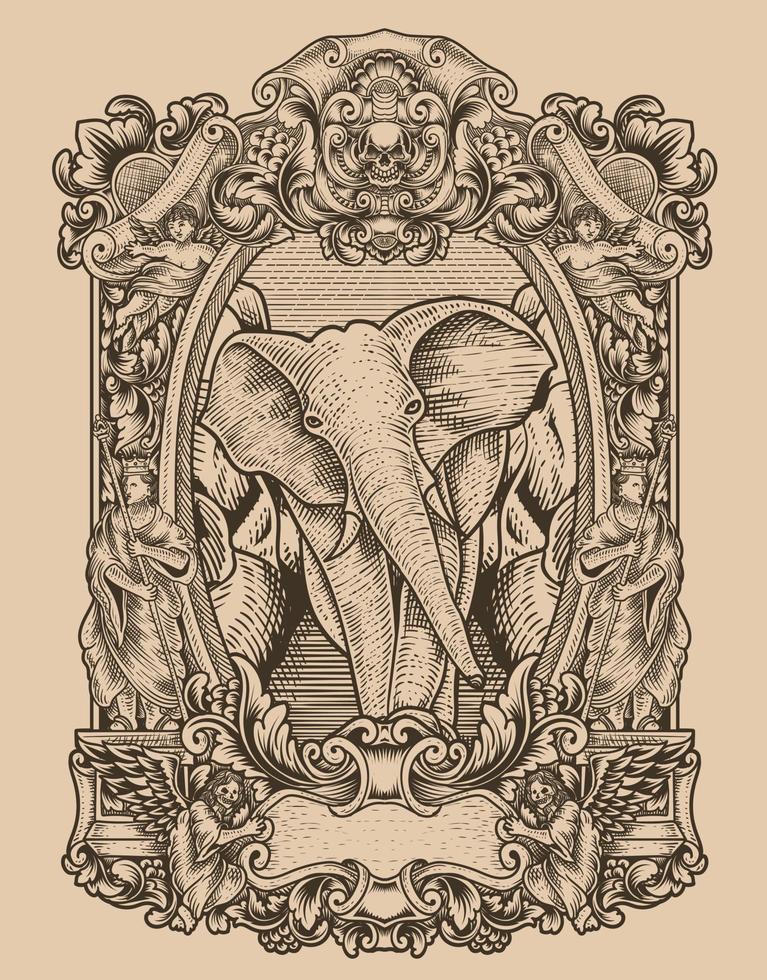 illustration vintage elephant with engraving style vector