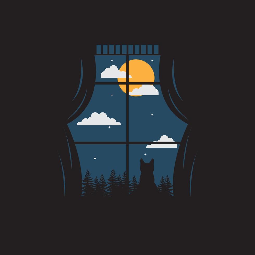 vector de silueta de ventana con gato y bosque en la ventana por la noche a la luz de la luna logo icono símbolo ilustración diseño