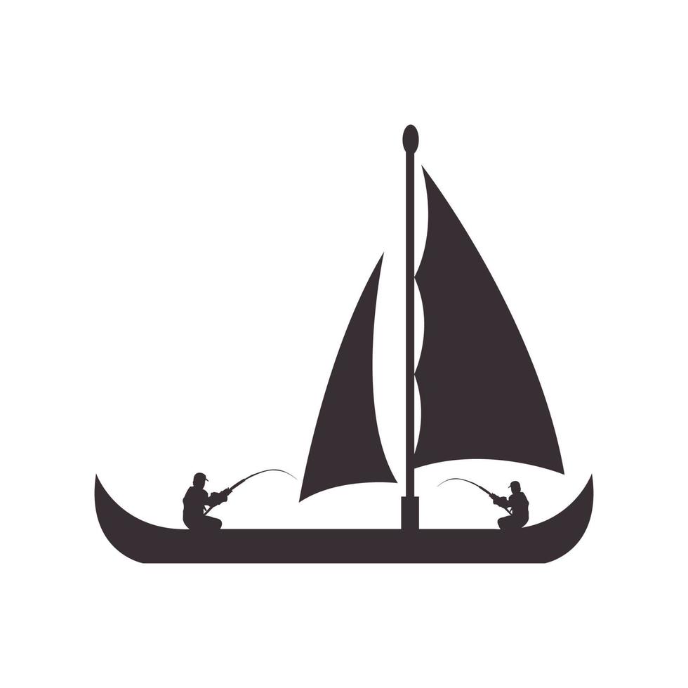 fishing with sailboat silhouette logo design vector icon illustration