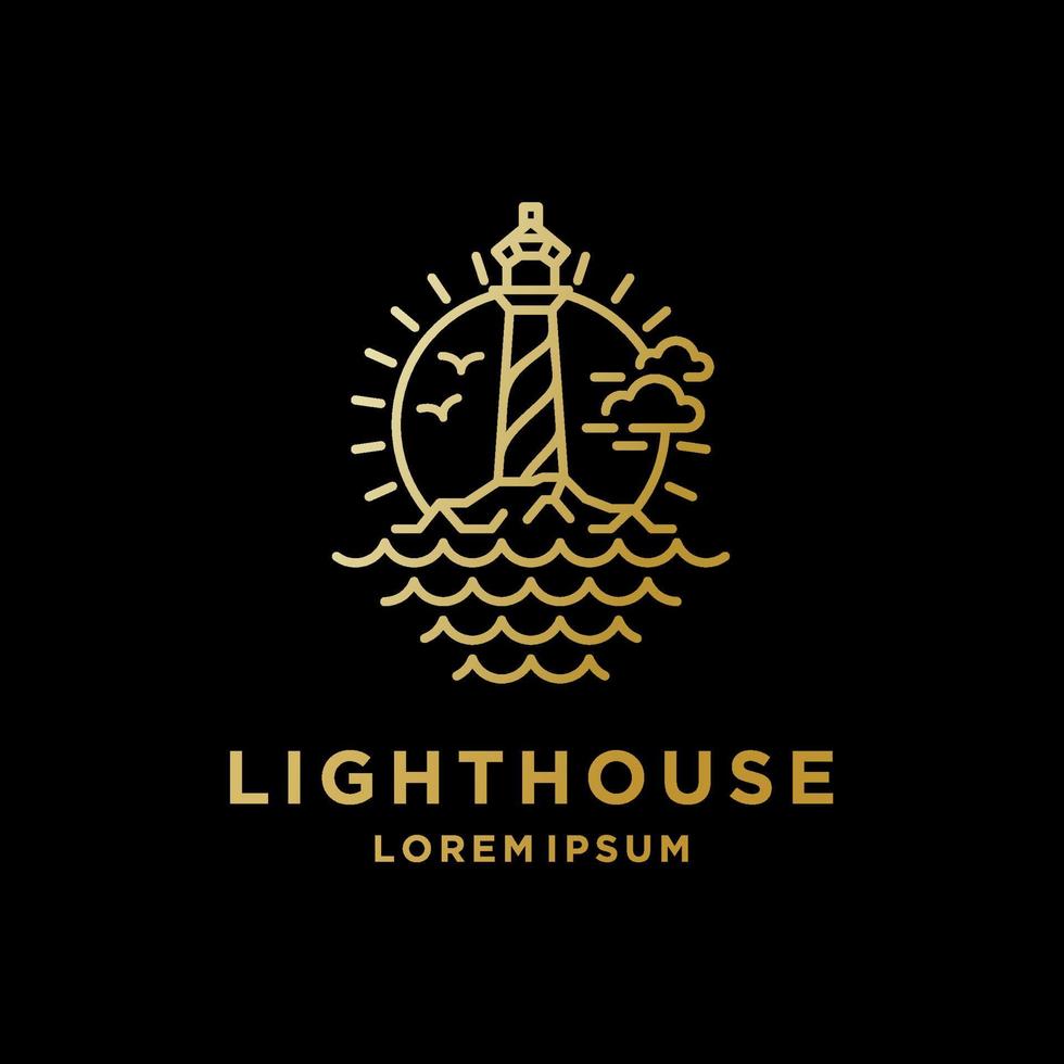 Vintage Lighthouse on Coastal Beach logo design template vector