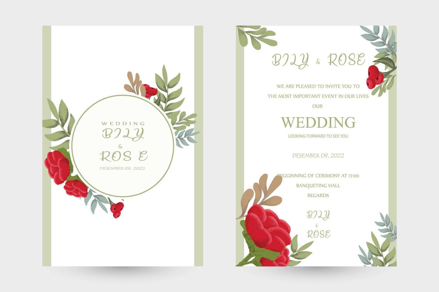 Floral wedding invitation template set with red roses Flower wedding invitation, floral wedding invitation card, wedding invitation template vector