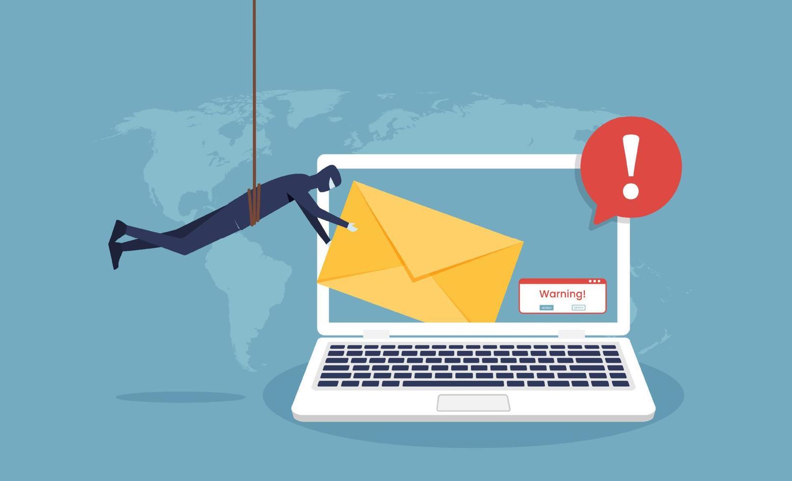 Hacker breaks email on laptop screen concept. phishing and cyber crime attacks vector illustration