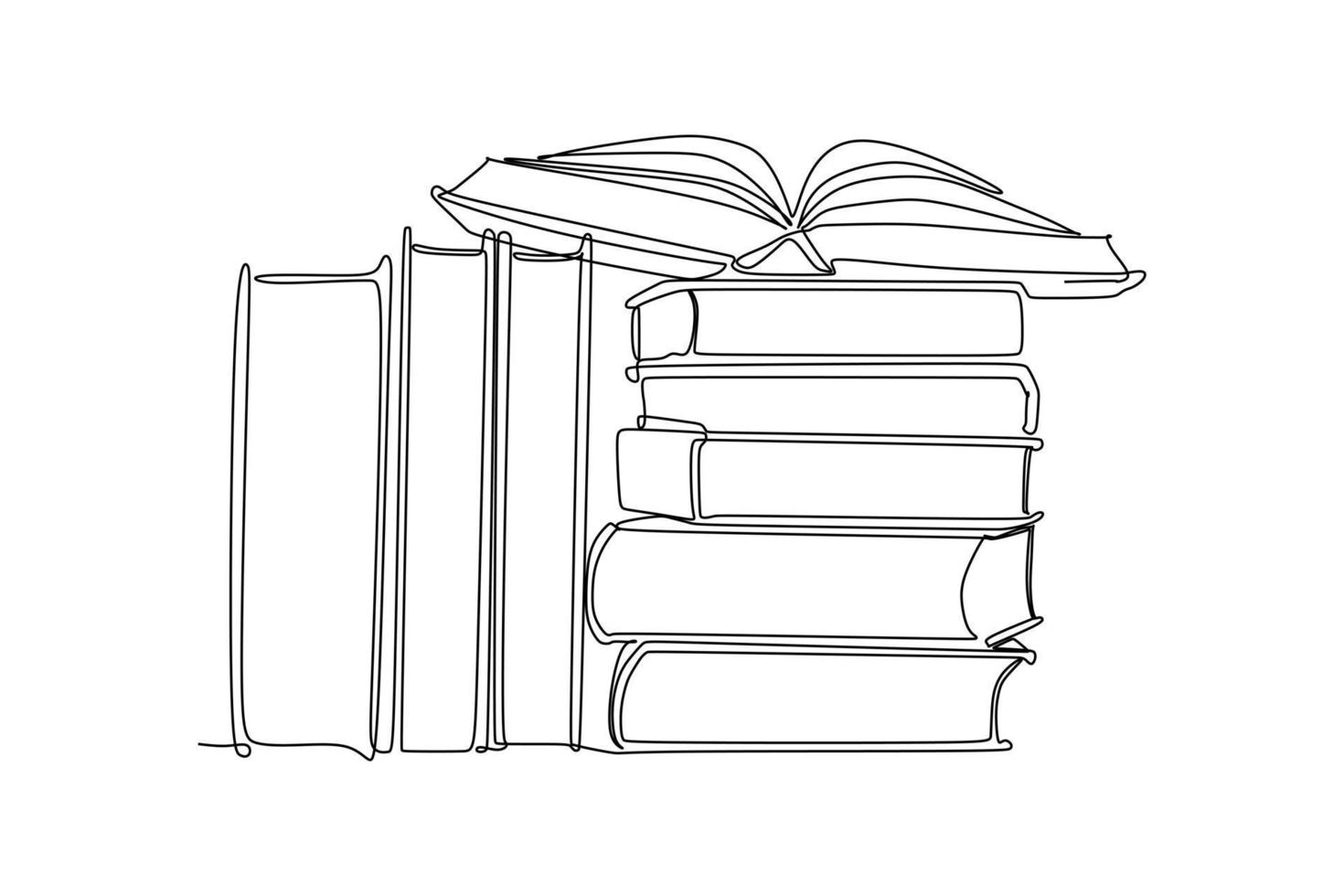 Continuous one line drawing of an opened book on a stack of books