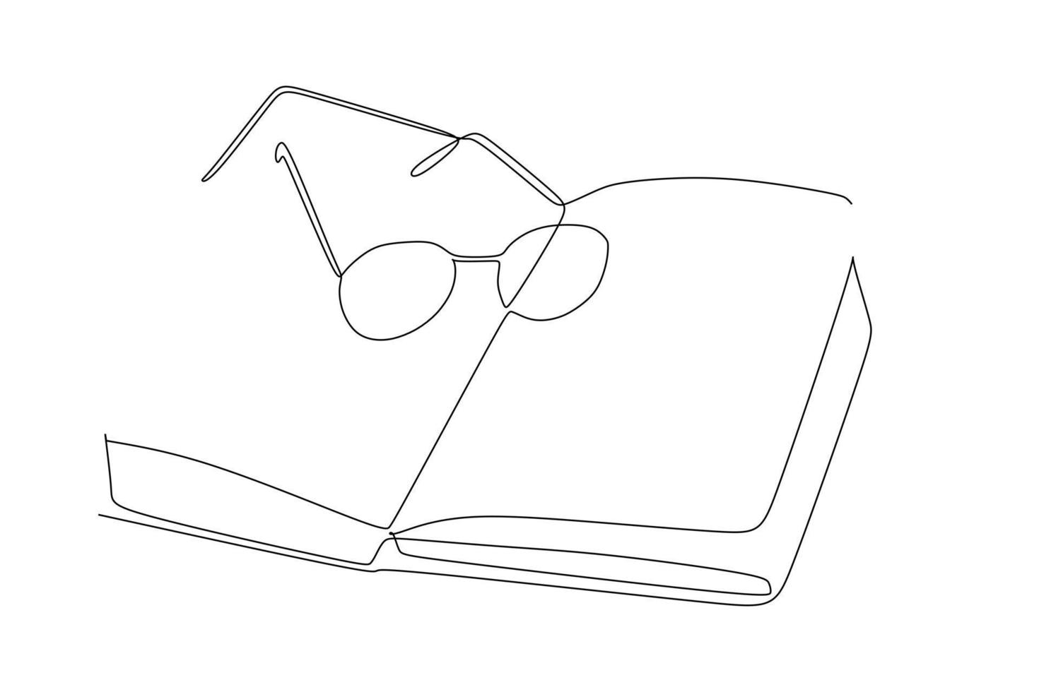 Simple single line drawing of book and eye glasses on the table. Line art design for educational concept vector