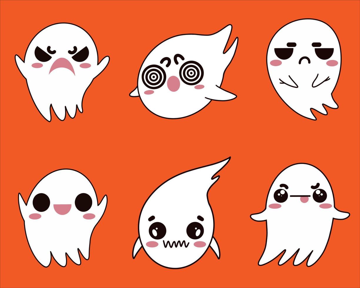 Set of vector ghosts icons. Spirits in different poses. Sad, angry, scary, smiling, poltergeist. Isolated illustration. Hand-drawn Halloween decorations. Festive elements.