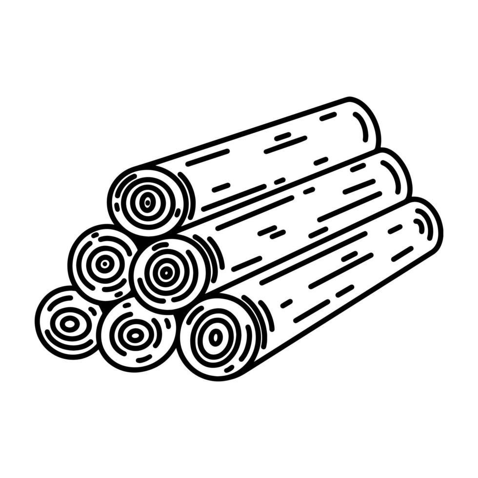 Stack of firewood vector icon. Hand drawn illustration isolated on white background. Wooden logs with rough bark stacked in pile. Natural biofuel, alternative energy source. Monochrome sketch