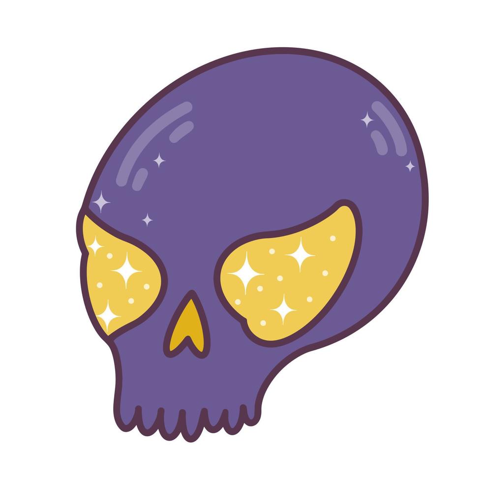 ilustración vectorial de un lindo cráneo. calavera morada con ojos amarillos. artefacto mágico aislado sobre fondo blanco. elemento de brujería, estilo de dibujos animados plana vector