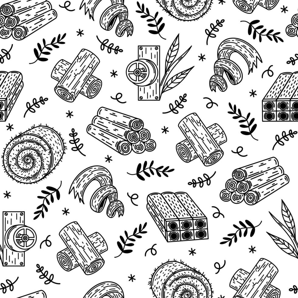 Biofuel seamless vector pattern. Hand drawn illustration isolated on white background. Natural alternative energy - firewood, hay, biogas, fuel briquettes, pellets. Eco friendly power