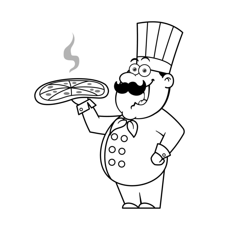 caricatura, chef, tenencia, delicioso, pizza, contorno vector